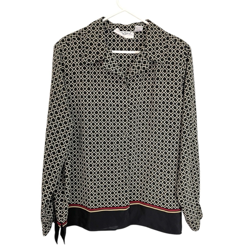 St. Clair 22W Black Geometric Chain Print Button Up Blouse Long Sleeve Vintage